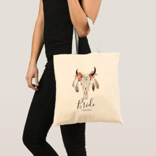 Bride Boho Floral Feather Antlers Cow Skull Tote Bag