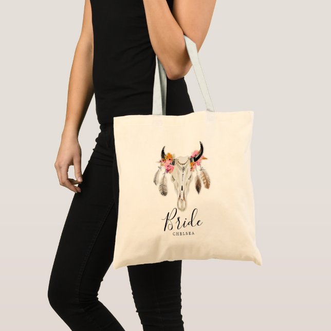 Bride Boho Floral Feather Antlers Cow Skull Tote Bag (Front (Product))