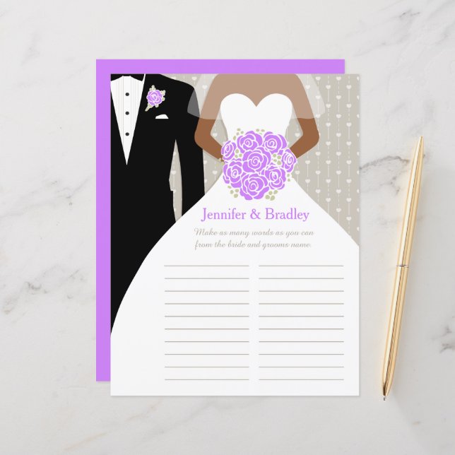 Bride Bridal Shower Word Game purple posy dress (Front/Back In Situ)