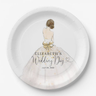Bride Brunette Dress Floral Bridal Wedding Day Paper Plate
