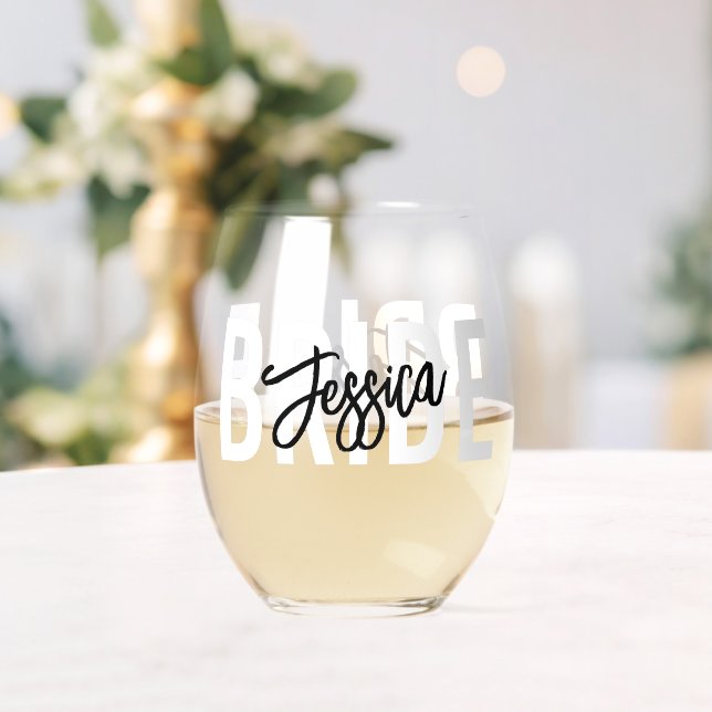 Bride Brush Script Modern Stemless Wine Glass (Insitu (Wedding))