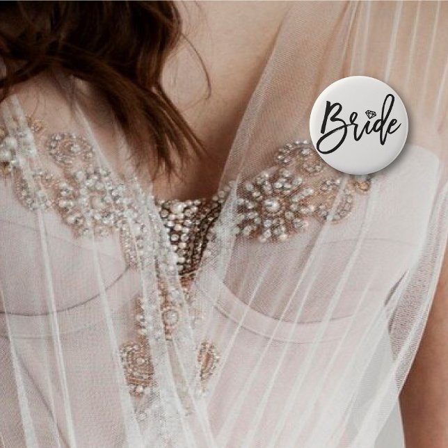 Bride Brushed Script Diamond Wedding Bridal Party 6 Cm Round Badge ('Bride' Diamond, Brush Script Calligraphy Wedding Rehearsal Pin Button @ fatfatin_blue_knot)