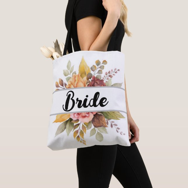 Bride Burgundy Floral Text Fall Wedding Tote Bag (Close Up)
