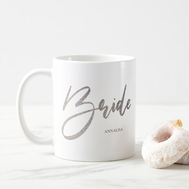 Bride Chic Silver Faux Glitter Typography Coffee Mug (With Donut)