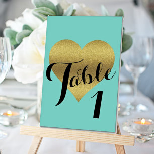 Bride & Co Gold Heart Teal Blue Shower Party Table Number