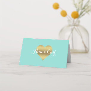 BRIDE & CO Gold Heart Teal Blue Thank You Place Card