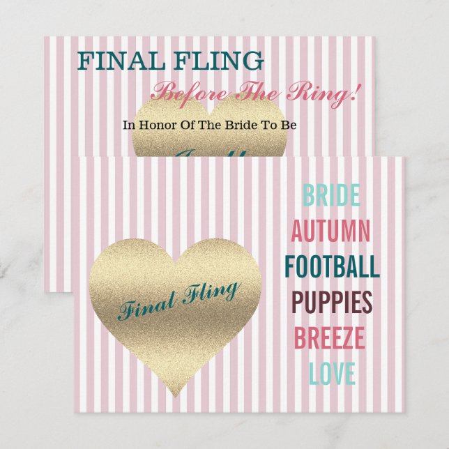 BRIDE CO Pink Final Fling Shower Tailgate Party Invitation (Front/Back)