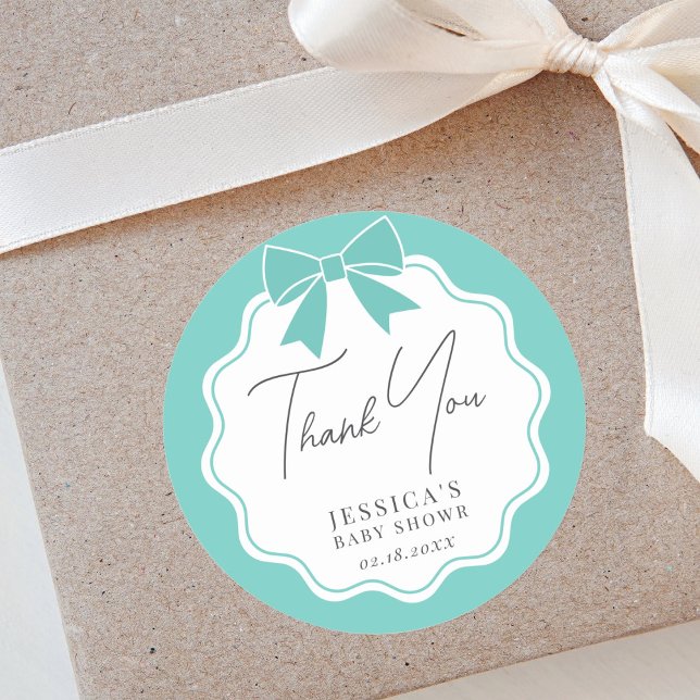 Bride & Co. Teal Blue Bow Bridal Shower Thank You Classic Round Sticker (Creator Uploaded)