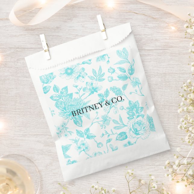 Bride & Co. Teal Floral Toile Personalised Favour Bag (Clipped)