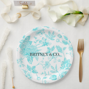 Bride & Co. Teal Floral Toile Personalised Paper Plate