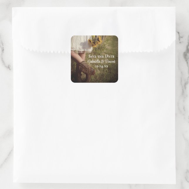 Bride, Cowboy Boots and Sunflowers Save the Date Square Sticker (Bag)