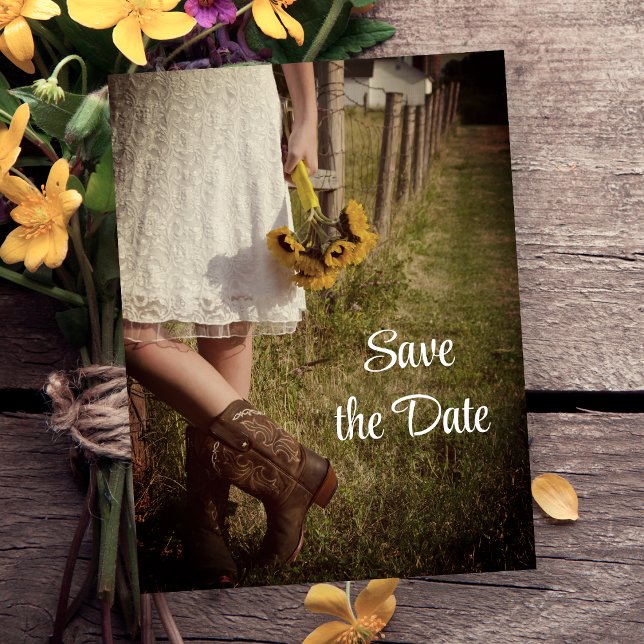 Bride Cowboy Boots Sunflower Wedding Save the Date Announcement Postcard (Creator Uploaded)
