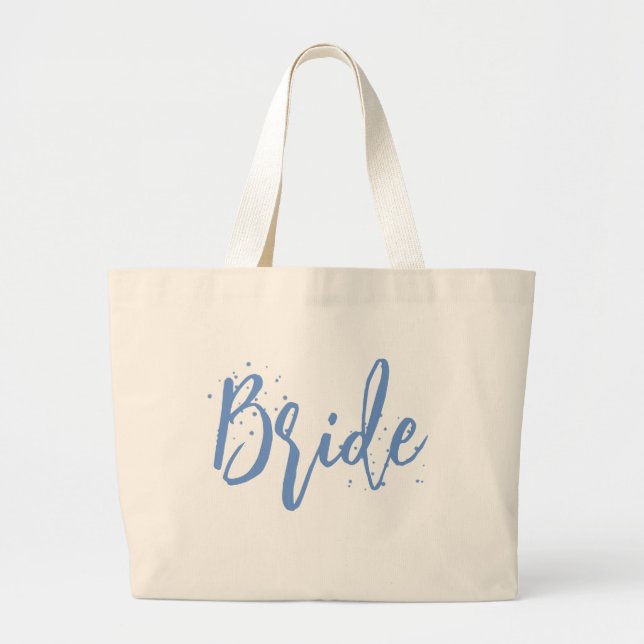 Bride Cute Fun Calligraphy Script Simple Blue Large Tote Bag (Front)