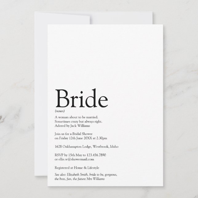Bride Definition Black And White Bridal Shower Invitation (Front)