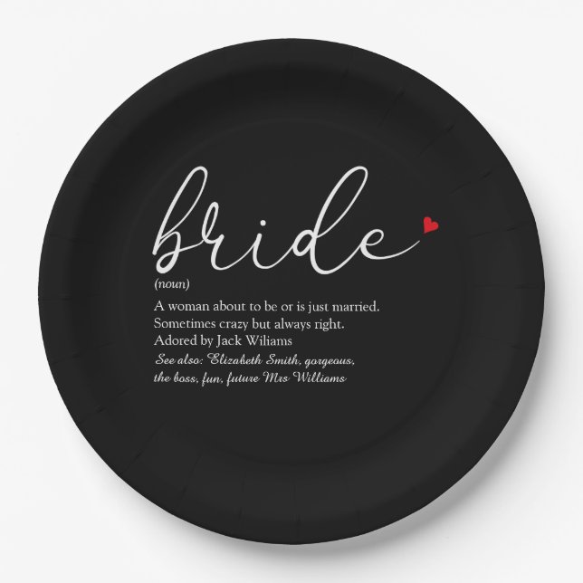 Bride Definition Bridal Shower Black And Red Paper Plate (Front)