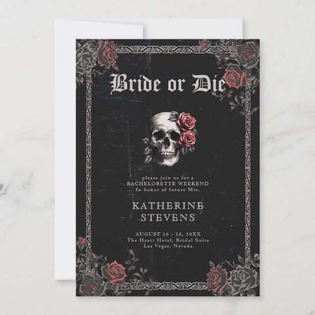 Bride Die Goth Black Bachelorette Party Itinerary Invitation (Front)