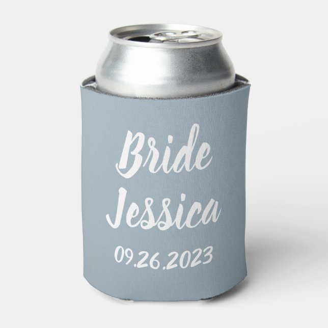 Bride Dusty Blue Elegant Script Gift Weddings Can Cooler (Can Front)