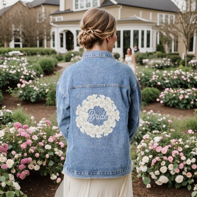 Bride Elegant White Floral Wedding Script Denim Jacket (Wedding Back)