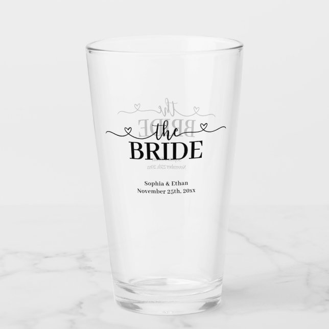 Bride Fancy Script with Hearts Wedding Glass (Front)