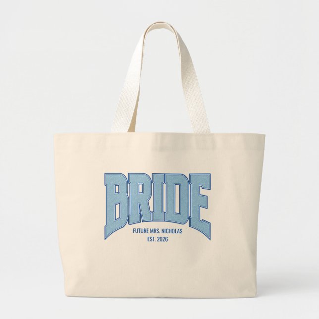 BRIDE Faux Glitter Varsity Engagement Bridal Large Tote Bag (Front)
