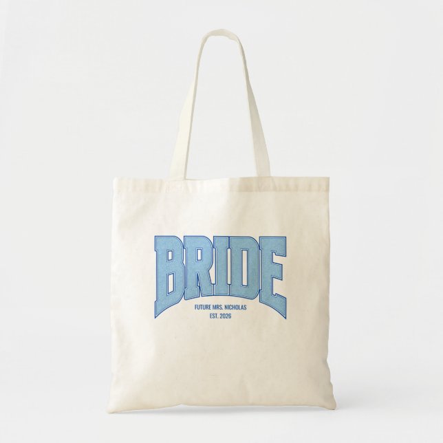 BRIDE Faux Glitter Varsity Engagement Bridal Tote Bag (Front)