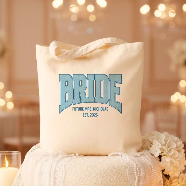 BRIDE Faux Glitter Varsity Engagement Bridal Tote Bag (Personalize with names, dates, locations or events)