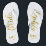 Bride Flip Flops for Wedding, Bachelorette | Gold<br><div class="desc">Flip flops for the bride in white and gold.  You may customise for your entire wedding party and guests for your wedding,  shower or bachelorette weekend.</div>