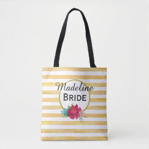 BRIDE FLORAL& GOLD STRIPE Personalised Tote Bag