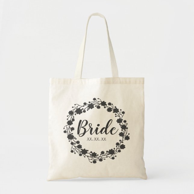 Bride Floral Wreath Custom Date Tote Bag (Front)