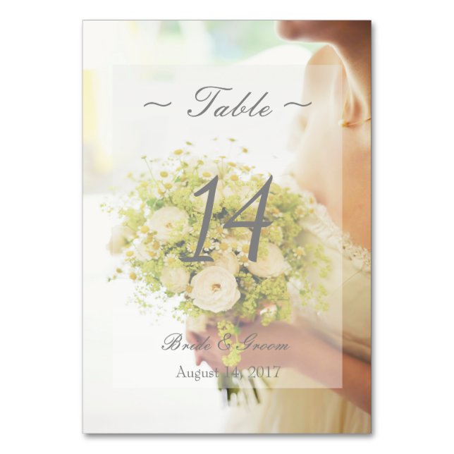 Bride flower bouquet- Floral Wedding Table Number (Front)