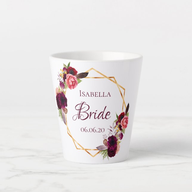 Bride flowers burgundy gold white geometric latte mug (Front)