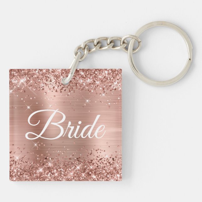 Bride Glittery Rose Gold Fancy Monogram Key Ring (Back)