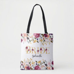 Bride Gold Burgundy Blush Floral Wedding Tote Bag