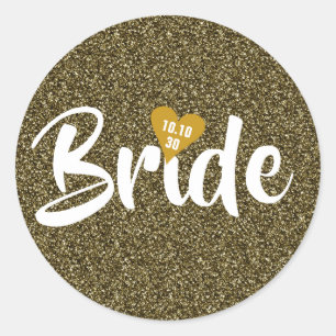 Bride Gold Date Heart Glitter Personalised Classic Round Sticker