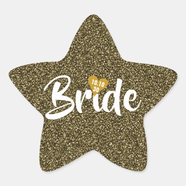 Bride Gold Date Heart Glitter Personalised Star Sticker (Front)