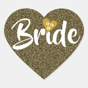 Bride Gold Date Heart Glitter Personalised Sticker