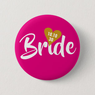 Bride Gold Date Heart Personalised 6 Cm Round Badge