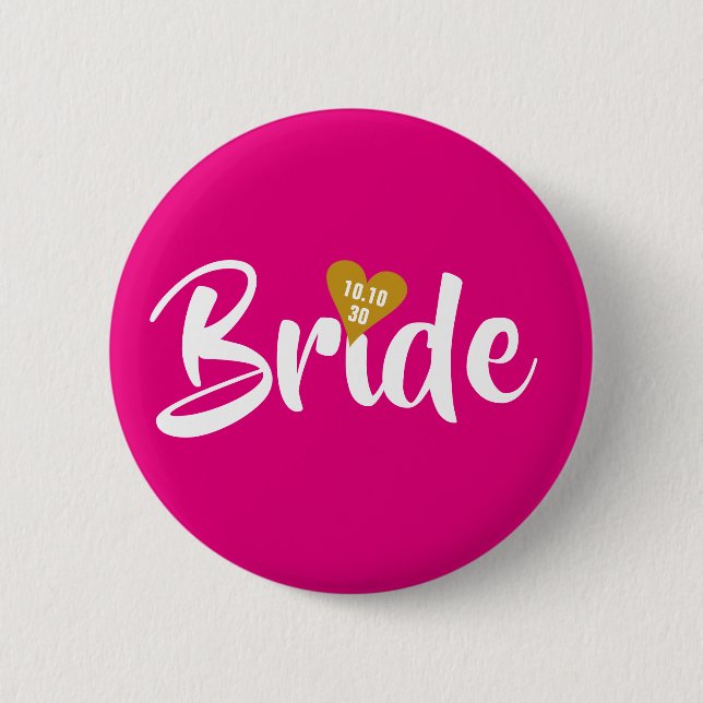 Bride Gold Date Heart Personalised 6 Cm Round Badge (Front)