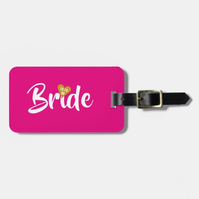 Bride Gold Date Heart Personalised Luggage Tag (Front Horizontal)