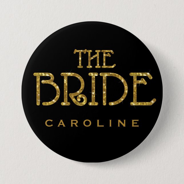 Bride Gold Faux Glitter Name Tag Button (Front)