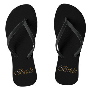 Bride, gold script elegant chic black wedding thongs