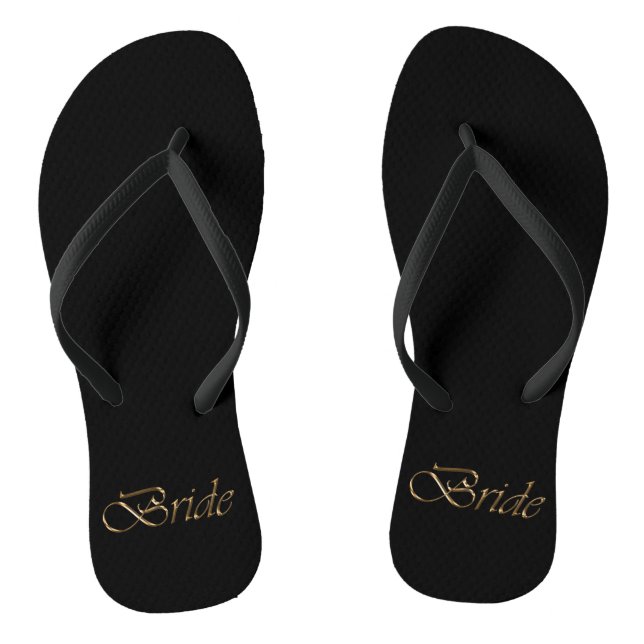 Bride, gold script elegant chic black wedding thongs (Footbed)