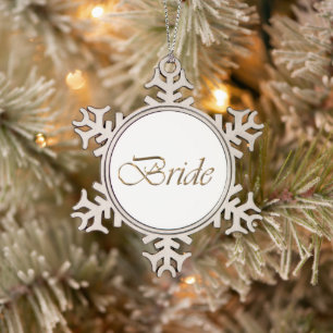 Bride, gold script elegant chic calligraphy snowflake pewter christmas ornament