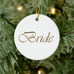 Bride, gold script elegant chic calligraphy white ceramic ornament