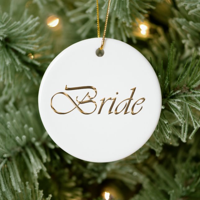 Bride, gold script elegant chic calligraphy white ceramic ornament (Tree)