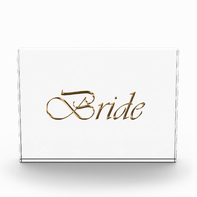 Bride, gold script elegant chic clear acrylic photo block (Front)