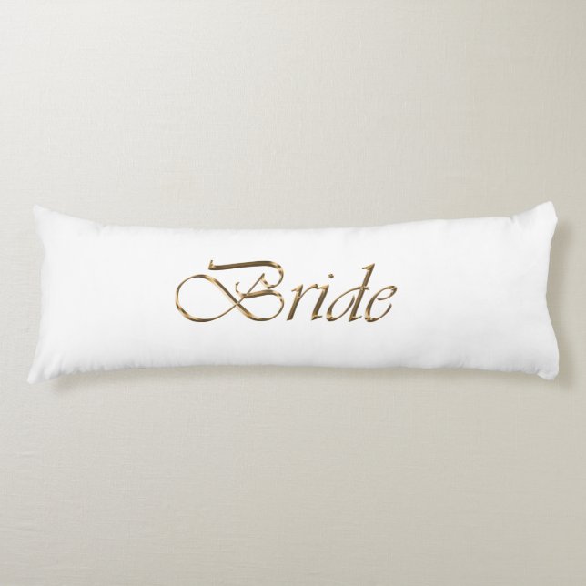 Bride, gold script elegant chic white body cushion (Front)