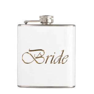 Bride, gold script elegant chic white hip flask