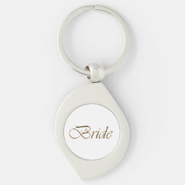 Bride, gold script elegant chic white wedding key ring (Front)