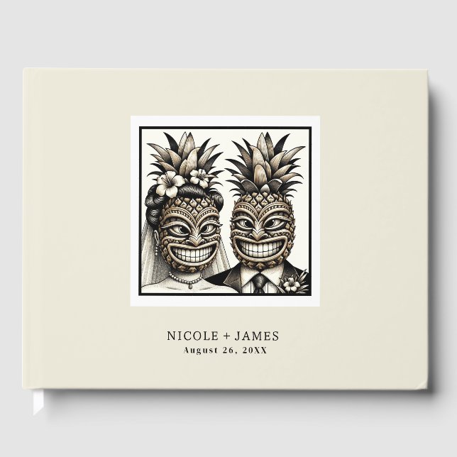 Bride & Groom Aloha Pineapple Tiki Wedding Guest Book (Front)